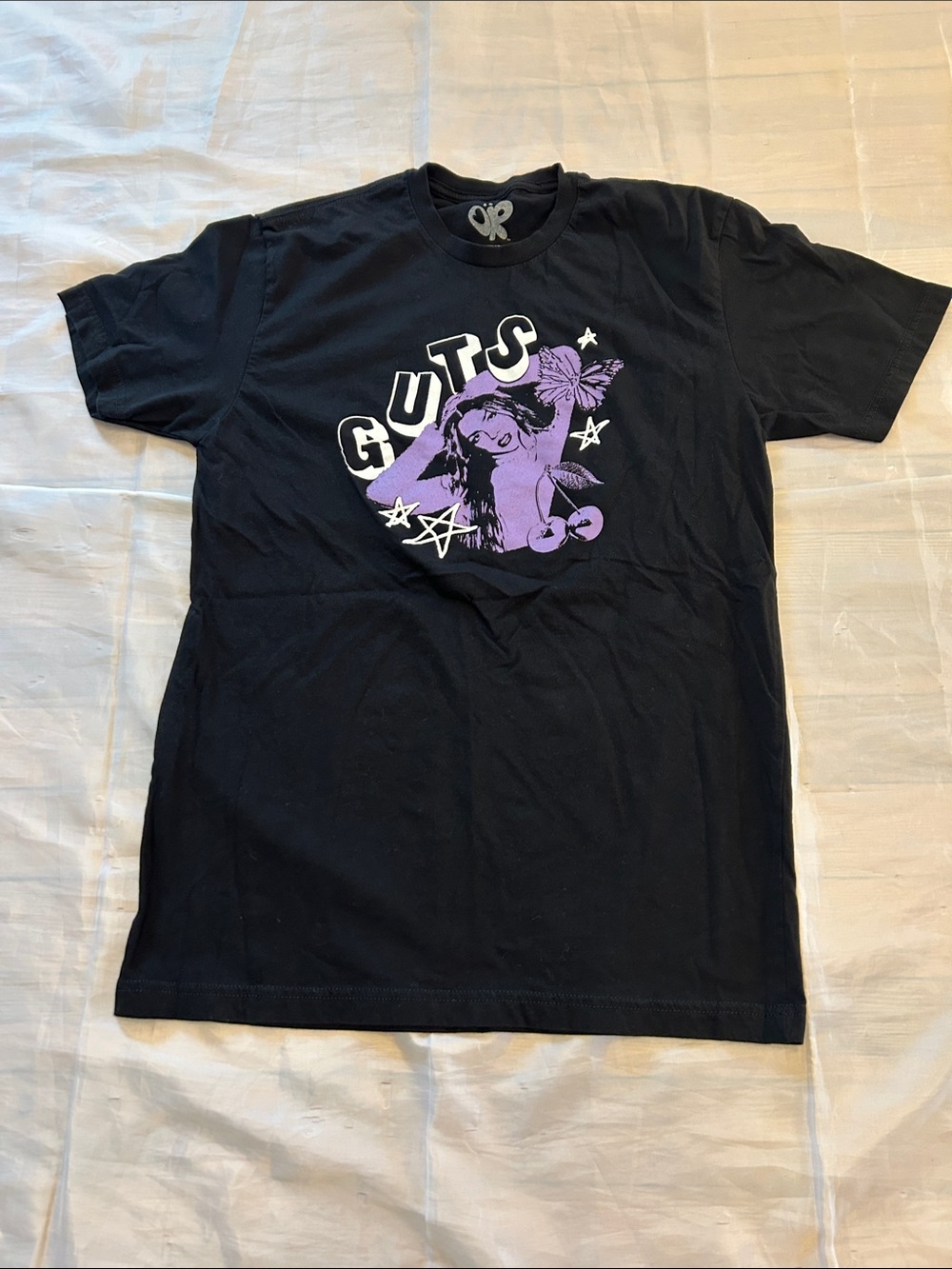 Black Short-Sleeve Graphic Tee with Purple Print
